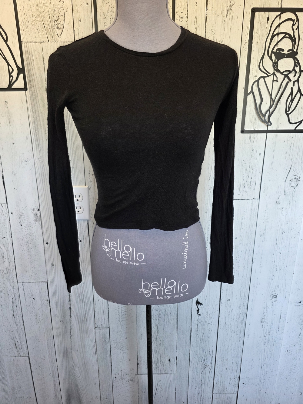 Zara Black Wool Blend Long Sleeve Cropped Top Size Medium Warm
